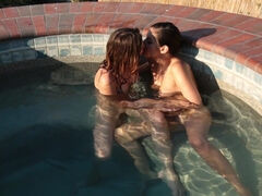Nina North and Ellena Woods playing lesbian games outdoors