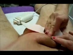 Getting hard-on and ball sack waxed - public studio!