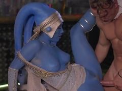 Blue and red-skinned characters of Star Wars arranged orgy