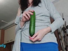 Busty milf enjoys vegetable pleasure with a black condom - the goddess of veggies!