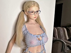 Blonde sex doll babysitter with glasses sucks my cock and lets me fuck her