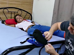 Asian twink in bondage fucked by gay daddy after foot tickling