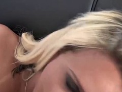 Tattooed blonde shemale gets fucked on the couch until she gets dirty