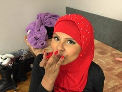 Good angel in a red Hijab Bella gets her mouth fucked by big cock