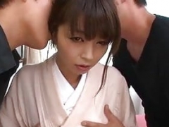 Kimono clad Marika is stripped and furthermore stuffed with two dicks