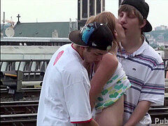 Facial cum on cute young blonde teen woman in public fuck-fest gang bang 3 way orgy