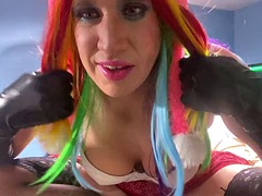 Rainbow sissy slut plays with her tits