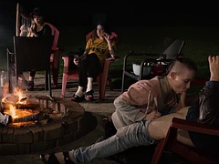 Submissive cum-smore by the fire
