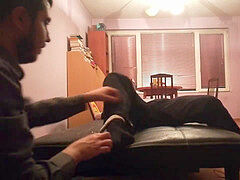 red-hot guy tickled in sneakers and dark-hued socks