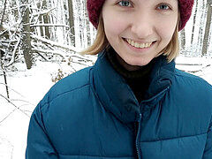 Walk in snowy forest revved into gasping on hot cum