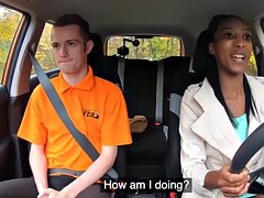 Ebony student for driving offense fucked by her tutor outside in car