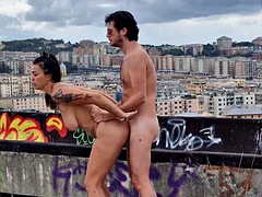 Outdoor public sex: real sex on a balcony right in the center of the city - MILF with BIG TITS