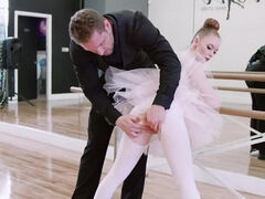 Dance rehearsal with ballerina ends with spread legs for guy