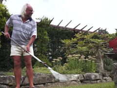 Old and young scene by sexy hottie and horny grey-haired gardener