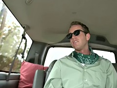 Blindfolded straight guy gets a gay cumshot in a van