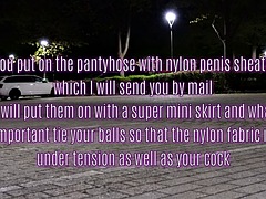 A new task in male pantyhose: cumming, tying balls and urinating