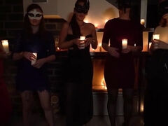 Silently guys bonk masked babes among candles