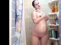 adorable preggo brunette Shower and Hair Brushing, Long Hair