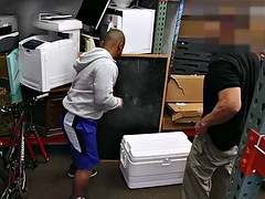 Black gay pawn fucked in a threesome in a warehouse by pawnshop owners