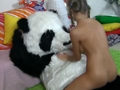 Infantile teen satisfies pussy thanks to panda with plastic cock