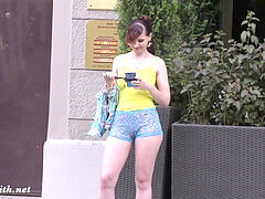 Jeny Smith struts in transparent shorts in public. Authentic showcasing scenes