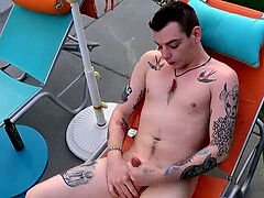 inked homosexual Ryan Fields pissing and wanking off outdoors