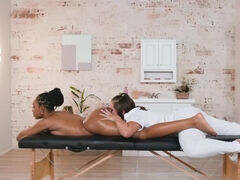 Jenna Sativa and Jenna Foxx are licking on the massage table