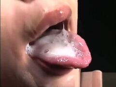 Japanese girl opens mouth for cum from multiple guys