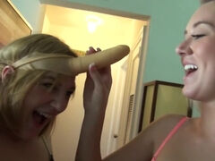 Three girls make a human centipede with dildos on their heads