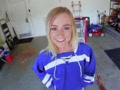 Quick sex in the garage ends for lovely blonde with a facial