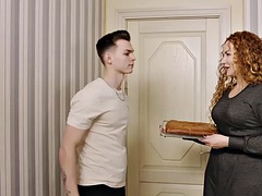 SHAME4K. Redhead with curly hair gives new neighbor cake and a blowjob