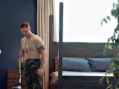 Athletic, tattooed military stud rides his boyfriends cock at home