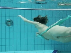 Podvodkova swimming in blue bikini in the pool