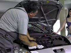 Old man fucks a loving babe with deep throat in a car repair shop
