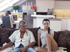 Girl with dark hair sucks not BF but his stepdad