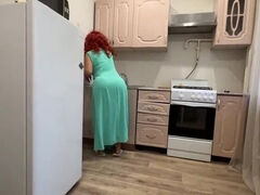 step Mom with a big ass satisfied her son with her anal in the kitchen