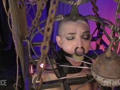 Bald submissive locked in cage with massive ball gag