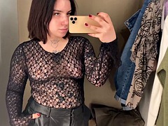 Sheer and mesh clothing tries on sexy tattooed alternative model