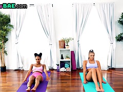 Ebony yoga lesbian stretches before scissoring