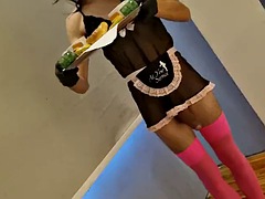 Sissy maid kisses mistresss thighs and jerks off with her permission