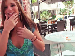 Brunette displays her vagina in public and then has sex inside