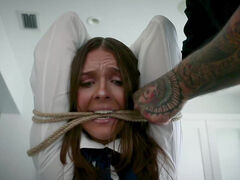 Sadie Holmes tied up & fucked by the pastor swallows every drop of cum