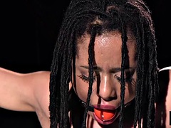 Ebony ballgagged sub anallytoyed in BDSM suspension bondage