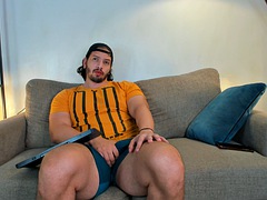 Bigger guy touches him, giant legs, thick and horny webcam show, might end up with cum, big balls, big hands, big lips