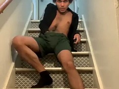 Masturbating with a dirty sock and showing her ass on the stairs