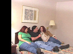 three curvy bitches ride horny man in couch