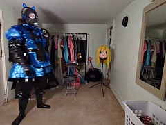 PVC Layered Maid Cosplay and Breathing Play with Gas Mask, Pipe in Suit