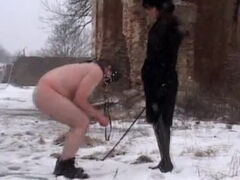 Goddess ballbusting and rides her masked pony slave outdoors