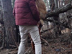 Outdoor sex with a redhead teen in a winter forest. Risky public fucking
