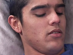 Masturbating Latina twink spray cum in solo action